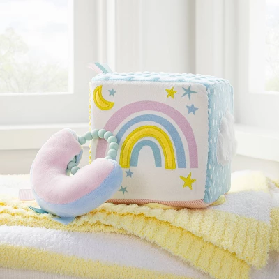 Celestial Interactive Plush Cube With Rainbow Rattle Baby Toy - 2pc - Cloud Island™ 3 Celestial Interactive Plush Cube With Rainbow Rattle Baby Toy - 2pc - Cloud Island™